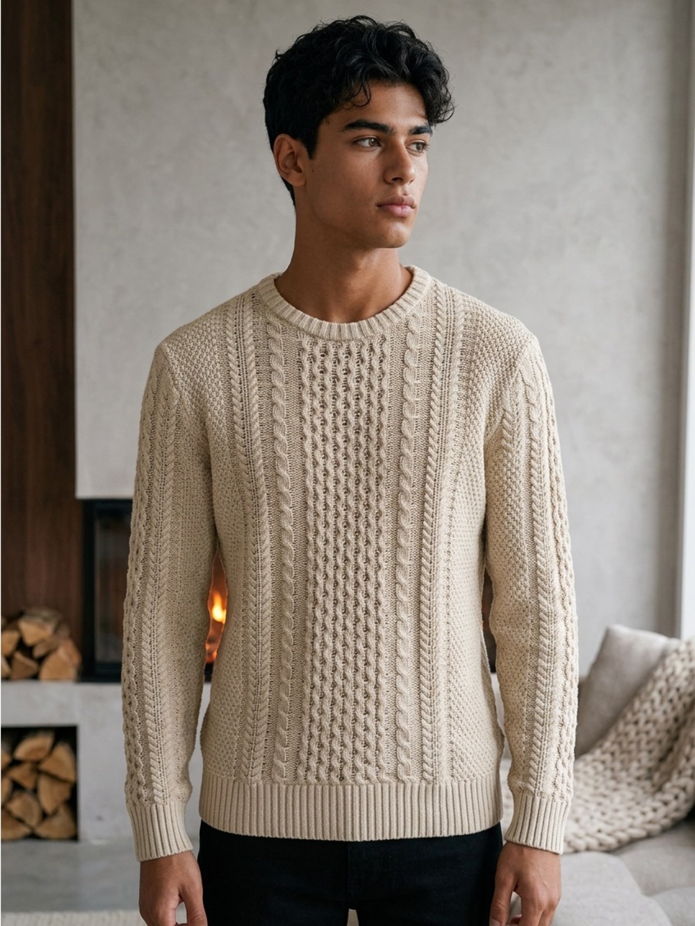 Old Navy Men's Cable-Knit Crewneck Sweater in Cream